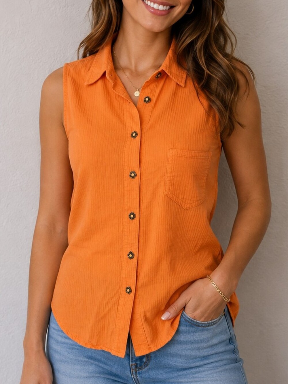 Vtg PARIS STAR Orange Ribbed Corduroy Style Sleeveless Button-Front Shirt